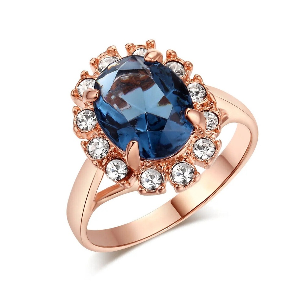 18kt Rose Gold Plated Halo Blue CZ Ring - Size 6.5